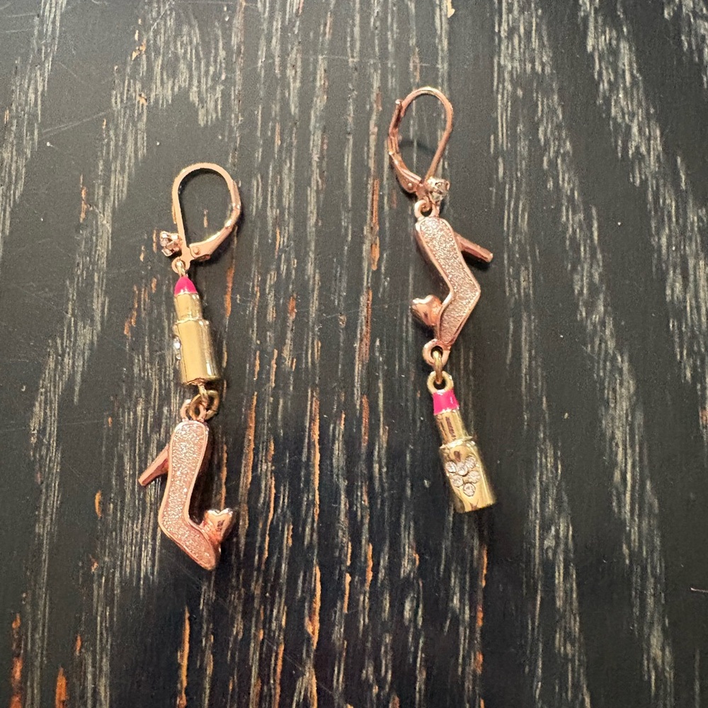 Betsey Johnson Pink and Rose Gold Lipstick and Shoe Earrings